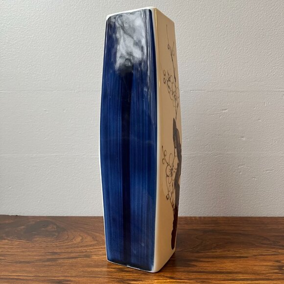 Enesco Rectangular Japanese Vase Cobalt Blue White Sakura 12" - Picture 6 of 13